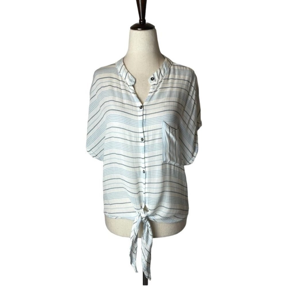 Olivaceous Shirt Women Medium Blue White Striped Tie Front Button Down Preppy